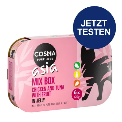 Cosma Asia Mix Box, Huhn und Thunfisch mit Früchten in Gelee, 6 x 170g. Jetzt testen.