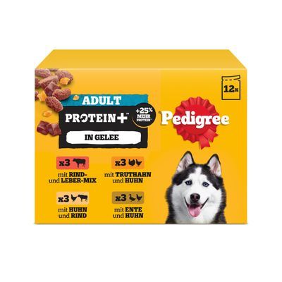 Pedigree Adult Protein+ met 25% meer eiwit, 12 portiezakjes in gelei. Recyclebare verpakking, geschikt voor honden vanaf 12 maanden.