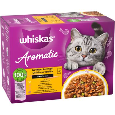 whiskas Aromatična izbira perutnine v omaki, 12 porcij. Kakovostne sestavine, s piščancem, raco, puranom, divjačino in zelenjavo. 100 % pokritje dnevnih potreb.