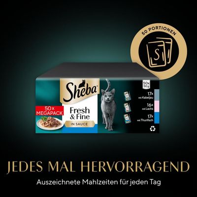 Multipack Sheba Fresh & Fine en sachets fraîcheur, 50 x 50 g - cabillaud, saumon et thon en sauce