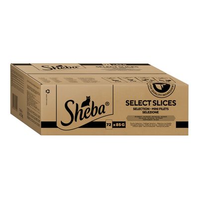 Sheba Select Slices, 72 x 85g, mini filetti in salsa. Ingredienti di alta qualità. Confezione con simbolo di riciclaggio.