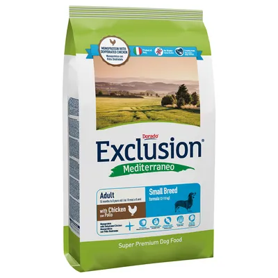 Hrană pentru câini Dorado Exclusion Mediterraneo, Adult Small Breed (2–10 kg), cu pui deshidratat. Produs în Italia, fără gluten, cruelty free. Super Premium Dog Food.