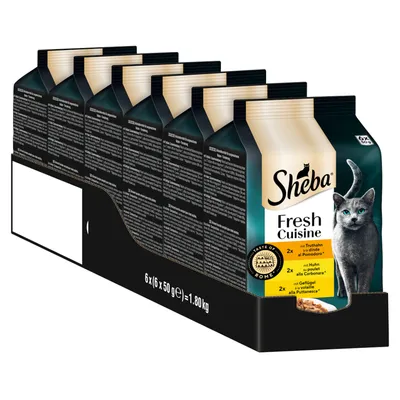 Sheba Fresh Cuisine, 6x50g csomag pulykával, csirkével és baromfival. Teljes tömeg: 1,80 kg. A képen csomagolás macskával és ízekkel látható.