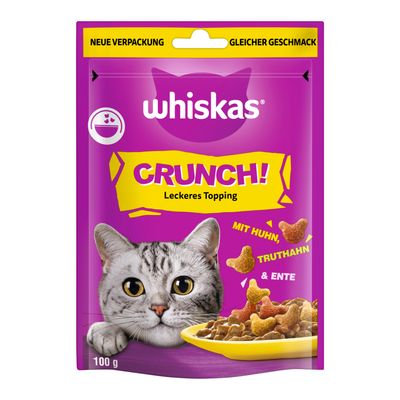 Whiskas Crunch! Smaczna posypka, nowe opakowanie ten sam smak, z kurczakiem, indykiem i kaczką, 100 g.