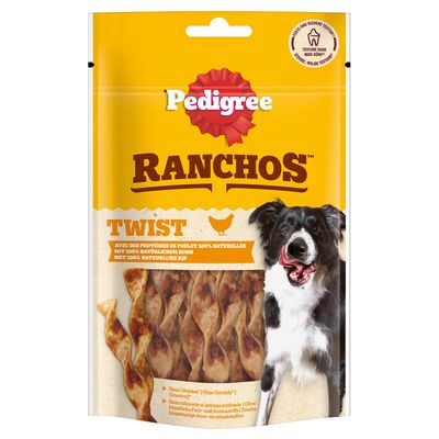 Pedigree Ranchos Twist 100 % luonnollisella kanalla, ilman viljaa, ilman keinotekoisia väri- ja makuaineita. Pakkauksessa näkyy kierrettyjä makupaloja ja koira.
