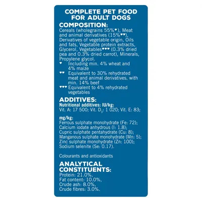 Ingredients and nutritional analysis for adult dog food, including cereals, meat derivatives, vegetables, additives, vitamins, minerals, protein 21%, fat 10%, ash 8%, fibre 3%.