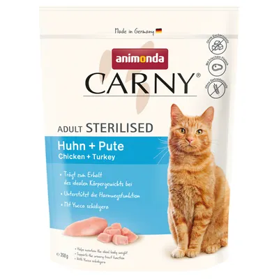 animonda Carny Adult Sterilised Huhn + Pute, poulet et dinde, sachet 350 g, chat roux sur l’emballage, mentions sans céréales, sans sucre ajouté, Made in Germany.
