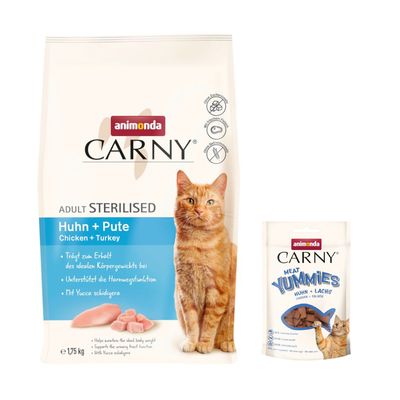 1.75kg animonda Carny Dry Cat Food + 50g animonda Carny Cat Snack Free! * Adult Sterilised Chicken + Turkey (1.75kg) + Adult Meat Yummies Chicken & Salmon (50g)