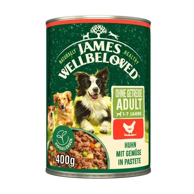 James Wellbeloved pollo con verdure in pâté, senza cereali, ipoallergenico, per cani adulti 1-7 anni, lattina da 400g.