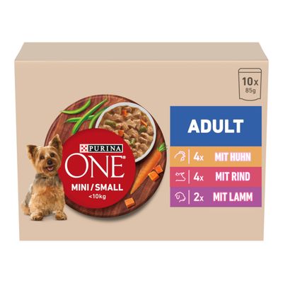 Purina ONE Mini/Small Adult <10kg, 10x85g. 4x con pollo, 4x con manzo, 2x con agnello.