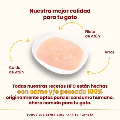 Comida húmeda para gatos con filete de atún, arroz y caldo de atún. Texto: recetas HFC hechas con carne y/o pescado 100% aptos para consumo humano, ahora comida para tu gato.