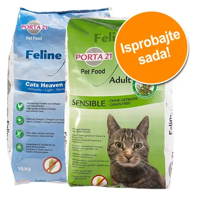 Dva pakiranja Porta 21 Feline suhe hrane za mačke: Cats Heaven i Adult Sensible bez žitarica. Narančasti krug s tekstom 'Isprobajte sada!'.