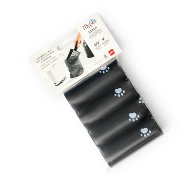 Rouleaux de sacs noirs mypet BIALA avec motifs pattes, 64 sacs, 4 rouleaux, plastique recyclé. Texte anglais sur l'emballage : 'recycled plastic', illustration d'utilisation visible.