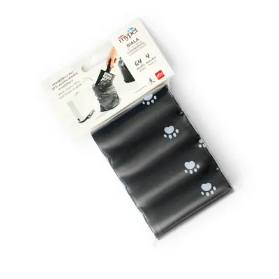 mypet Biala dog waste bags, made from recycled plastic. Pack of 64 bags in 4 rolls, black with paw print pattern.