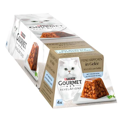 Purina Gourmet Revelations λεπτές μπουκιές σε ζελέ με λευκό ψάρι. Συσκευασία με 4 μερίδες και εικόνα λευκού κεφαλιού γάτας.