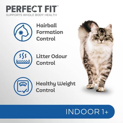 PERFECT FIT, Supports Whole Body Health. Hairball Formation Control, Litter Odour Control, Healthy Weight Control. INDOOR 1+. Billede af kat ved siden af tekst og ikoner.