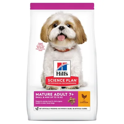 Hill's Science Plan Mature Adult 7+ Small & Mini do 10 kg s piletinom, slika psa na pakiranju, vidljiv tekst: Supports energy level & vital organs health in older small dogs. Hill's Science Plan Mature Adult 7+ Small & Mini do 10 kg s piletinom, slika psa na pakiranju, vidljiv tekst: Supports energy level & vital organs health in older small dogs.