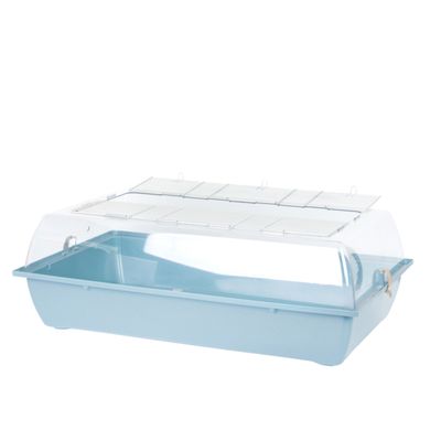 Smådjursbur med ljusblå plastbotten och transparent lock, gallerinsats upptill för ventilation.