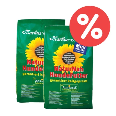 Markus-Mühle NaturNah Hundefutter, garantiert kaltgepresst, mit Acticell Früchtpower. Mini-Pellets für kleine Hunde. Rabatt-Symbol sichtbar.