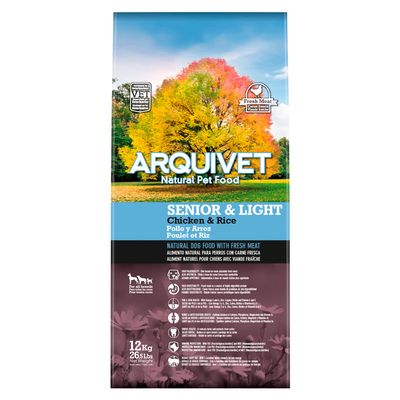 ARQUIVET Natural Pet Food SENIOR & LIGHT Chicken & Rice Poulet et Riz, aliment naturel pour chiens avec viande fraîche, sac de 12 kg. Texte en anglais, espagnol et français visible.