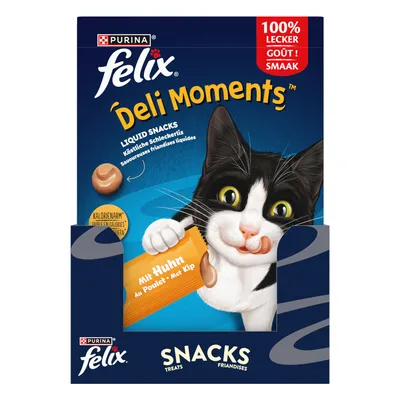 Purina Felix Deli Moments folyékony snack csirkével, alacsony kalóriatartalommal, finom falatok. A csomagoláson macska snackkel és '100% lecker' felirattal. Purina Felix Deli Moments folyékony snack csirkével, alacsony kalóriatartalommal, finom falatok. A csomagoláson macska snackkel és '100% lecker' felirattal.