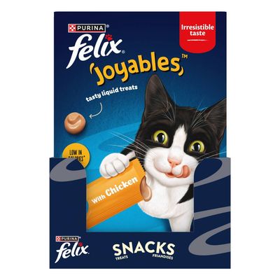 Felix Joyables tasty liquid treats with chicken, low in calories, irresistible taste, snacks.