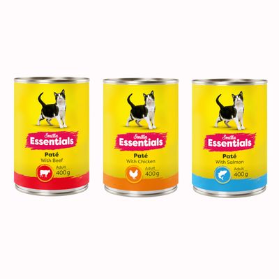 Smilla Essentials πατέ με βοδινό, Adult, κονσέρβα 400g. Κίτρινο σχέδιο με γάτα και κόκκινη λεπτομέρεια.