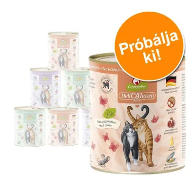 GranataPet DeliCATessen macskaeledel konzerv, Próbálja ki! felirattal. Látható íz: Kalb & Kaninchen veal & coney. Csomagoláson két macska illusztrációja.