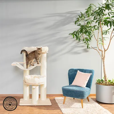 Kratzbaum mit drei Ebenen, Hängematte und gepolsterten Liegeflächen. Gestreifte Katze steht auf der mittleren Ebene. Logo unten links sichtbar.