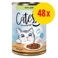 Catisfactions Yummmeow! kissan märkäruoka, with lamb, 400 g. Pakkauksessa näkyy annos hyytelössä olevaa ruokaa ja teksti '48x' keltaisella ympyrällä.