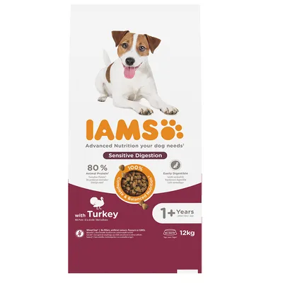 IAMS Sensitive Digestion cu curcan, 80% proteină animală, ușor de digerat, pentru câini de peste 1 an, 100% nutriție echilibrată, fără grâu, aditivi artificiali sau OMG, pachet 12kg.