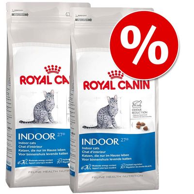 Dva paketa Royal Canin Indoor 27 suhe hrane za mačke, vidljiv tekst: Odour Reduction, ilustracija mačke, crveni simbol postotka za akciju ili popust.