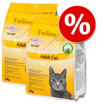 Dvije vrećice Porta 21 Feline Finest Adult Cat suhe hrane za mačke, svaka 500 g, s natpisom 'Pet Food' i slikom mačke. Crveni simbol postotka označava akcijsku ponudu.