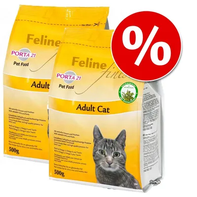 Dvije vrećice Porta 21 Feline Finest Adult Cat suhe hrane za mačke, svaka 500 g, s natpisom 'Pet Food' i slikom mačke. Crveni simbol postotka označava akcijsku ponudu.