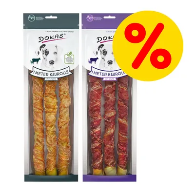 Dokas 1 Meter Kaurolle mit Huhn und Ente, zwei Packungen. Gelbes Prozentzeichen für Rabattaktion sichtbar. Dokas 1 Meter Kaurolle mit Huhn und Ente, zwei Packungen. Gelbes Prozentzeichen für Rabattaktion sichtbar.