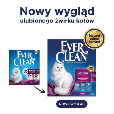 Ever Clean Senior żwirek dla kotów, nowy design opakowania, natychmiastowa kontrola zapachów, 10 l. Porównanie starego i nowego.