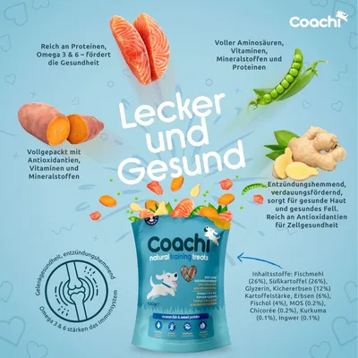 Coachi natural training treats, texte en allemand : ingrédients visibles poisson, patate douce, pois, gingembre. Ingrédients listés : farine de poisson 26 %, patate douce 26 %, etc.