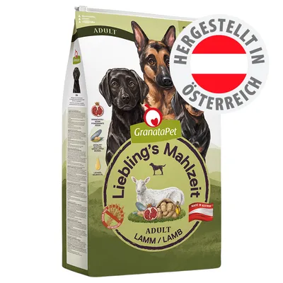 GranataPet Liebling's Mahlzeit Adult Lamm, hergestellt in Österreich. Abbildung von Hunden, Lamm, Granatapfel, Kartoffeln und Lachsöl auf der Verpackung.