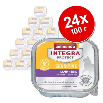 Пакет 24×100 г Animonda Integra Protect Sensitive Lamm + Reis. Без глутен. Видимо: за хранителна непоносимост, ветеринарна диета, pH 6,5–6,8.