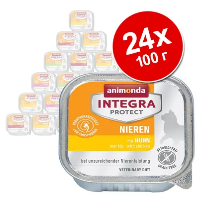 Пакет от 24 х 100 г Animonda Integra Protect Nieren с пиле. Видими надписи: Low Phosphorus, Grain Free, Veterinary Diet, mit Huhn, with chicken, bei unzureichender Nierenleistung.