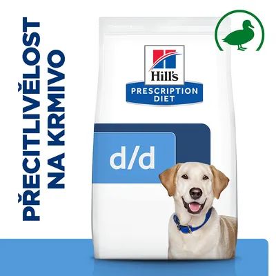 Hill's Prescription Diet d/d krmivo, nápis 'PŘECITLIVĚLOST NA KRMIVO', silueta kachny, pes před balením.