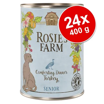 Rosie's Farm Comforting Dinner Turkey SENIOR, 24×400 g, Grain Free Recipe – konzerva s ilustráciou psa a moriaka, určené pre starších psov