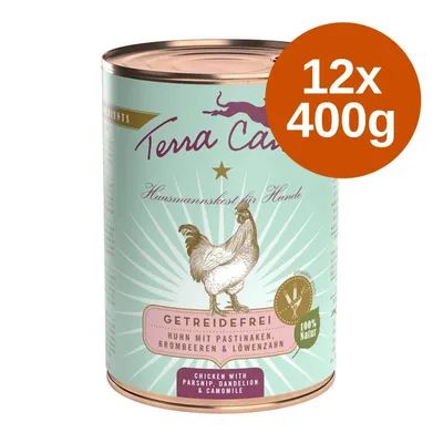 Terra Canis konzerv kutyáknak, 12×400g, csirke paszternákkal, szederrel és gyermekláncfűvel, gabonamentes, 100% natur. Felirat angolul és németül is látható.