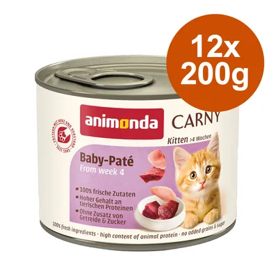animonda Carny Baby-Paté Kitten alkaen 4 viikkoa, 12x200g. 100 % tuoreita ainesosia, korkea eläinproteiinipitoisuus, ei lisätty viljaa eikä sokeria.