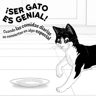 ¡Ser gato es genial! Cuando las comidas diarias se convierten en algo especial. Dibujo de un gato junto a un plato vacío.