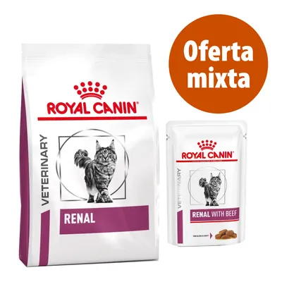 Royal Canin Veterinary Renal para gatos, bolsa y sobre con texto visible: 'Renal' y 'Renal with beef'. Círculo naranja con texto: Oferta mixta.