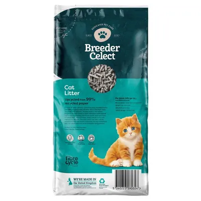 Breeder Celect cat litter made from 99% recycled paper, shows product pellets and states made in the United Kingdom. Includes icons for odour control, low dust, and no added chemicals.