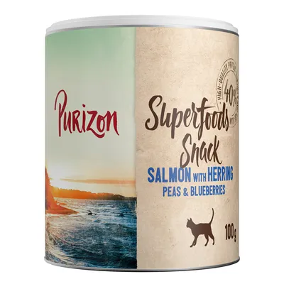 Purizon Superfoods Snack, salmón con arenque, guisantes y arándanos, 100g. Ingredientes de alta calidad, apto para gatos.