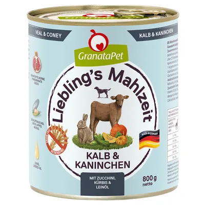GranataPet Lieblings's Mahlzeit Kalb & Kaninchen, mit Zucchini, Kürbis und Leinöl. Made in Germany, 800g netto, getreidefrei. GranataPet Lieblings's Mahlzeit Kalb & Kaninchen, mit Zucchini, Kürbis und Leinöl. Made in Germany, 800g netto, getreidefrei.