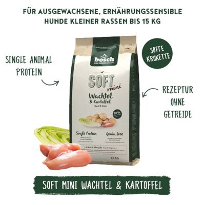 bosch SOFT mini Wachtel & Kartoffel, Single Animal Protein, softe Krokette, Rezeptur ohne Getreide, für ausgewachsene, ernährungssensible Hunde kleiner Rassen bis 15 kg.